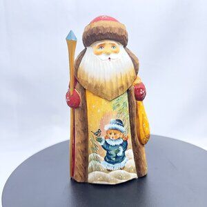 Hand-Carved Vintage Wooden Ded Moroz Russian Santa Hand Painted Figurine